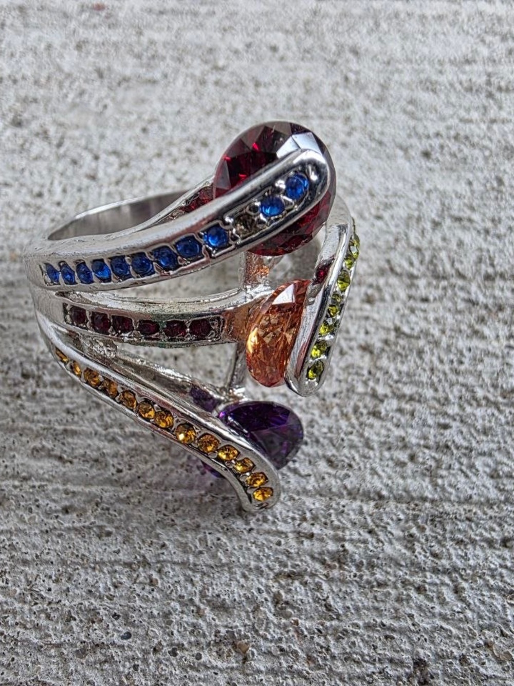 Vintage Statement Cocktail Ring Multicolor Rhinestones Silver Tone Adjustable